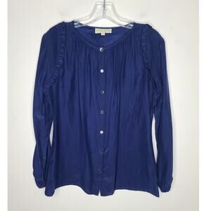 Britt Ryan 100% silk navy blue long sleeve button down shirt with ruffles - XS